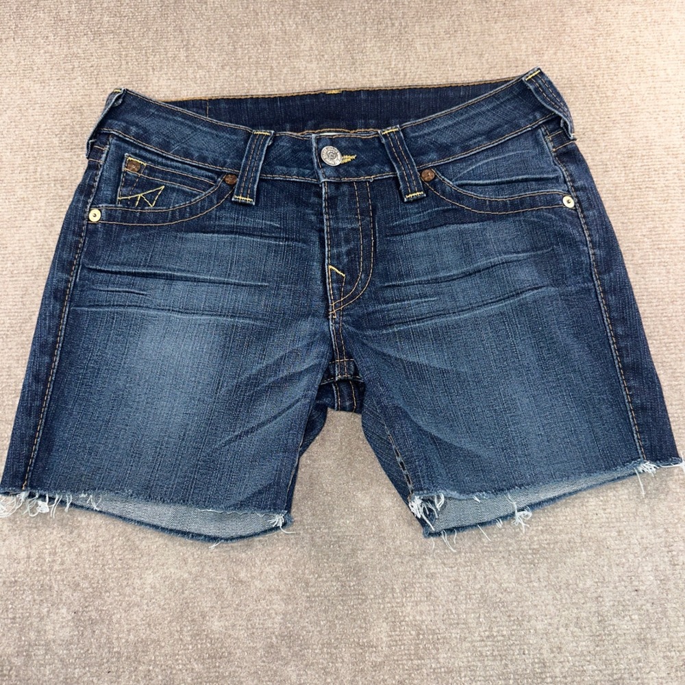 True Religion Womens  Denim Shorts Dark Wash Horseshoe Stitch Blue Size 31